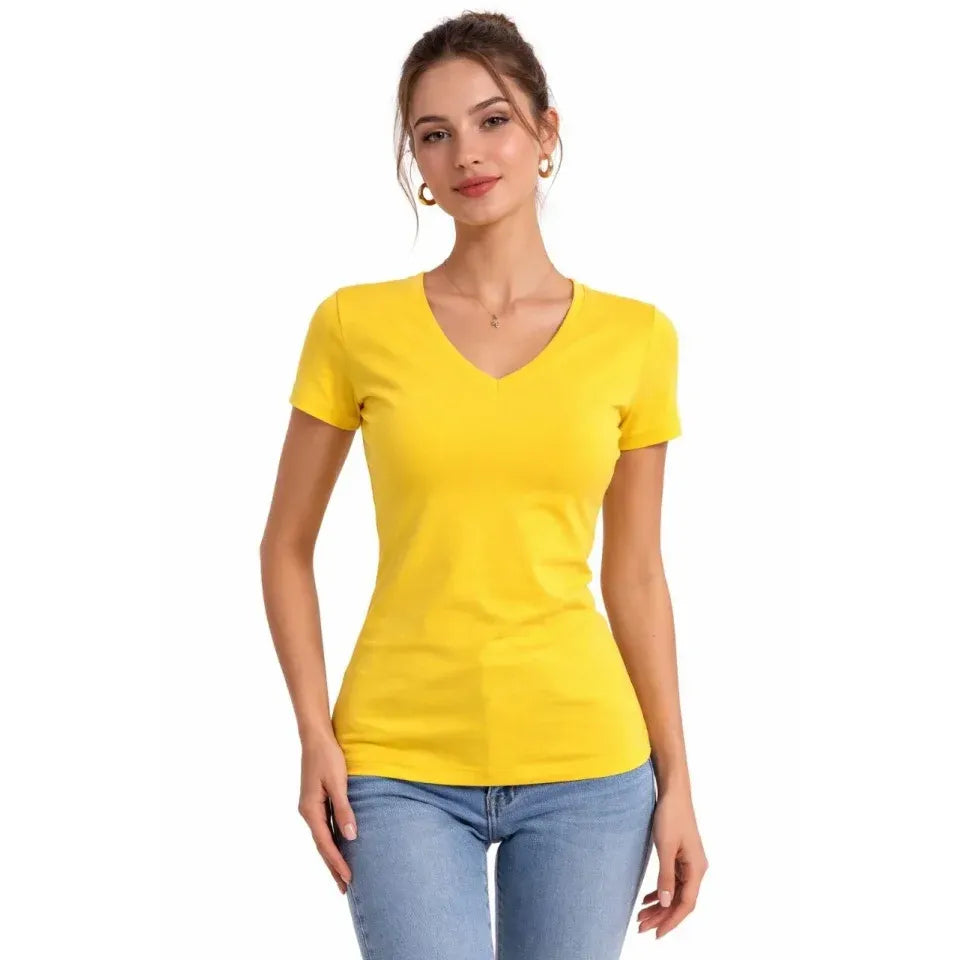 T-Shirt V Yaka Slim Fit Likralı Tişört Günlük Basic Body - Sarı