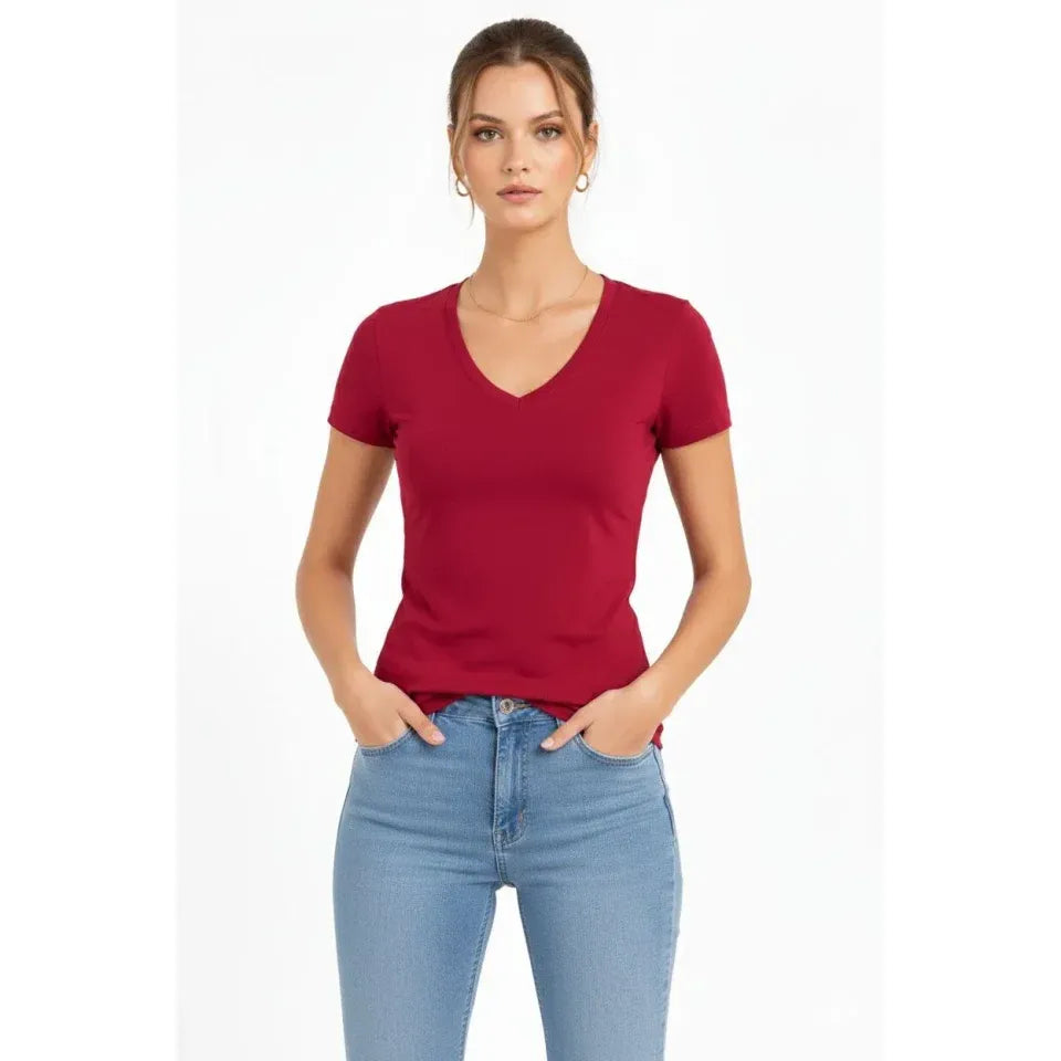 T-Shirt V Yaka Slim Fit Likralı Tişört Günlük Basic Body - Bordo