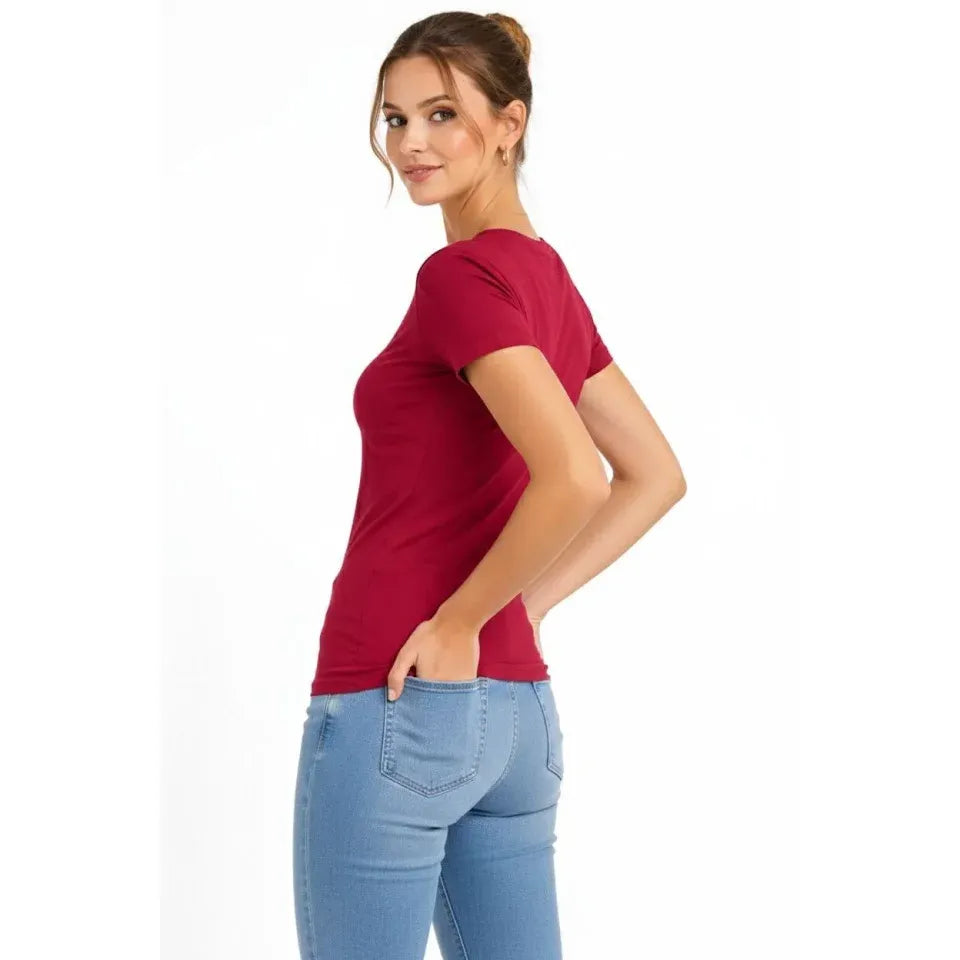 T-Shirt V Yaka Slim Fit Likralı Tişört Günlük Basic Body - Bordo