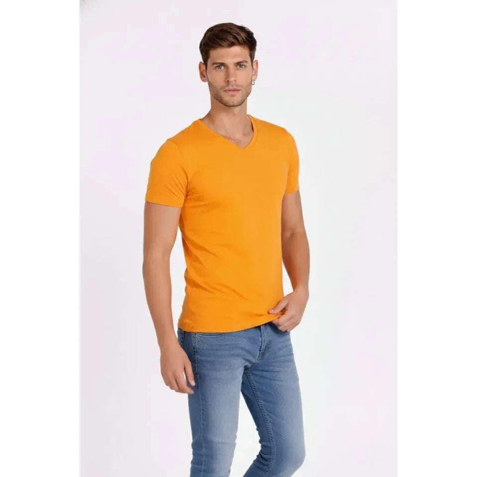 Erkek T-Shirt V Yaka Slim Fit Dar Kesim Likralı Tişört Günlük Basic Body - Sarı