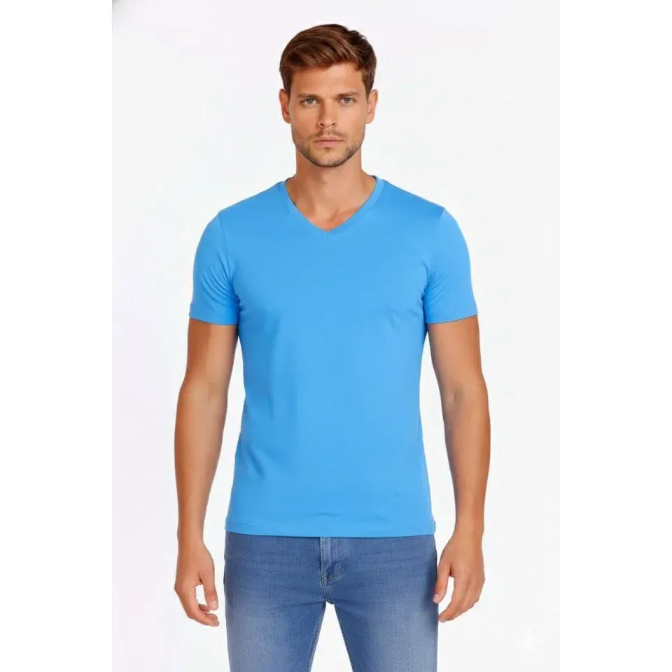 Erkek T-Shirt V Yaka Slim Fit Dar Kesim Likralı Tişört Günlük Basic Body - Açık Mavi