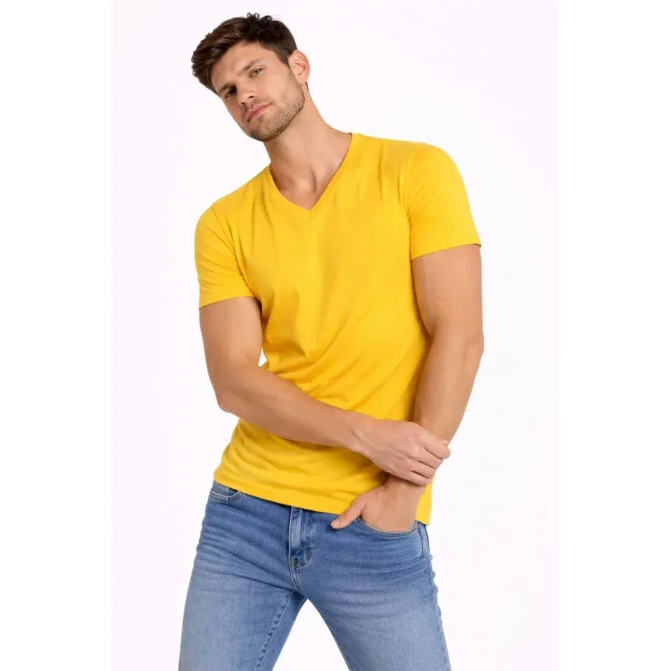 Erkek T-Shirt V Yaka Slim Fit Dar Kesim Likralı Tişört Günlük Basic Body - Limon