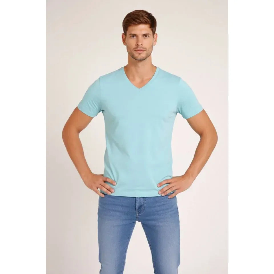 Erkek T-Shirt V Yaka Slim Fit Dar Kesim Likralı Tişört Günlük Basic Body - Turkuvaz