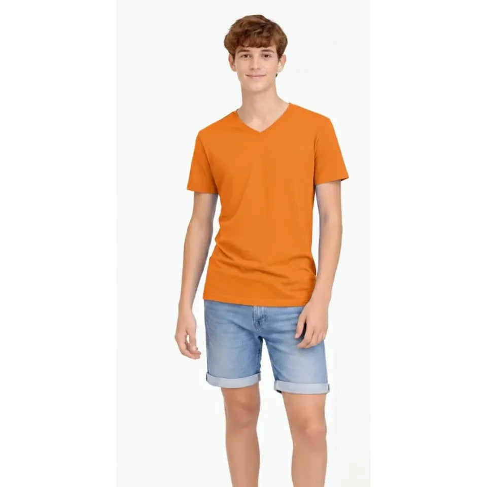 Genç Erkek Çocuk V Yaka Tişört Yazlık Model Günlük Basic Body - Turuncu