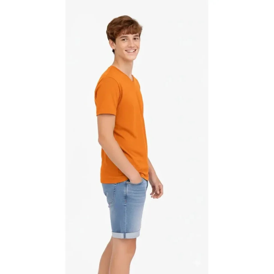 Genç Erkek Çocuk V Yaka Tişört Yazlık Model Günlük Basic Body - Turuncu