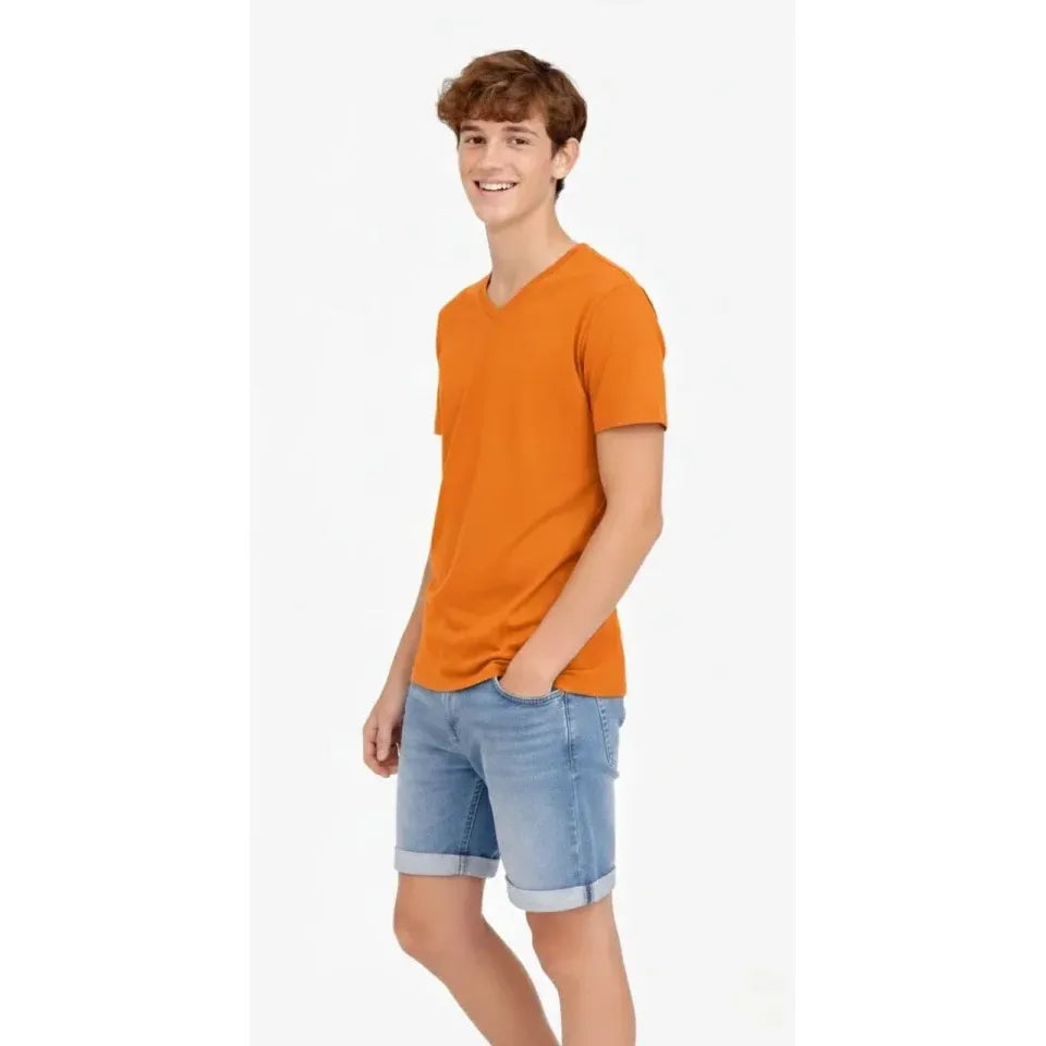 Genç Erkek Çocuk V Yaka Tişört Yazlık Model Günlük Basic Body - Turuncu