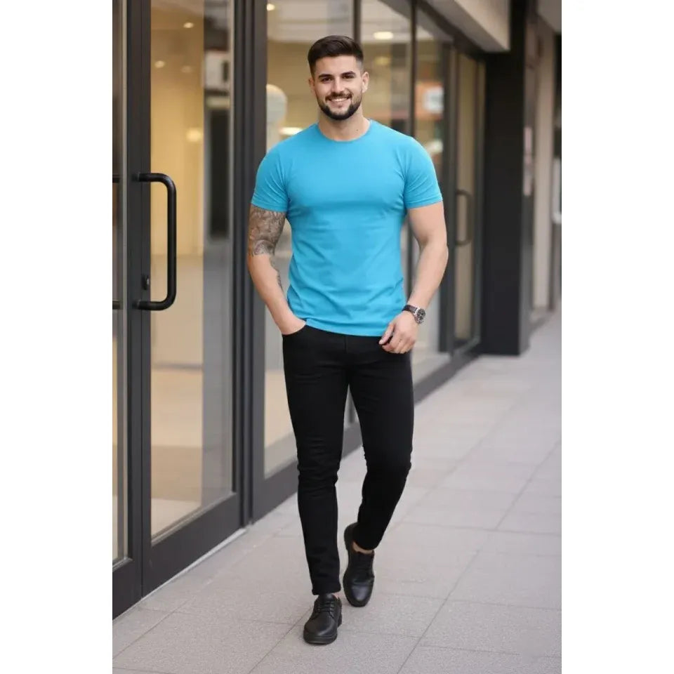 Erkek T-Shirt Bisiklet Yaka Slim Fit Dar Kesim Likralı Tişört Günlük Basic Body - Açık Mavi