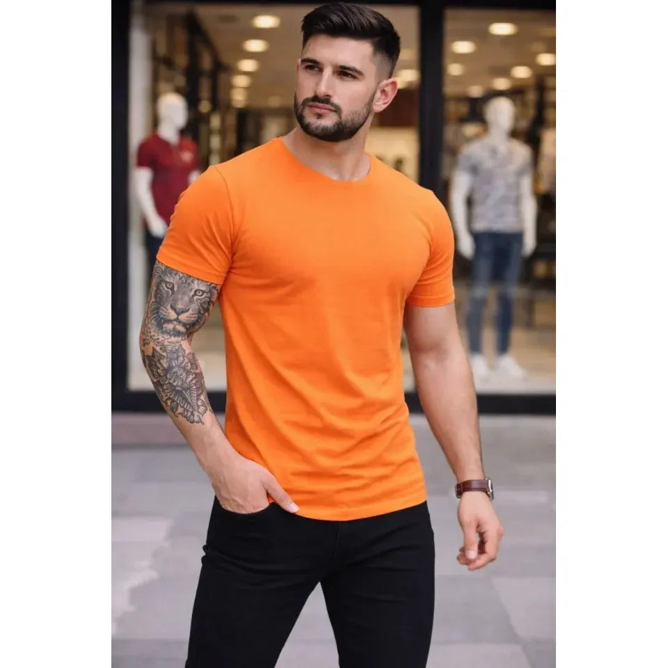 Erkek T-Shirt Bisiklet Yaka Slim Fit Dar Kesim Likralı Tişört Günlük Basic Body - Turuncu