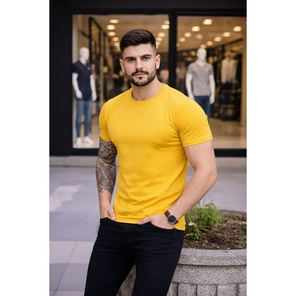 Erkek T-Shirt Bisiklet Yaka Slim Fit Dar Kesim Likralı Tişört Günlük Basic Body - Sarı