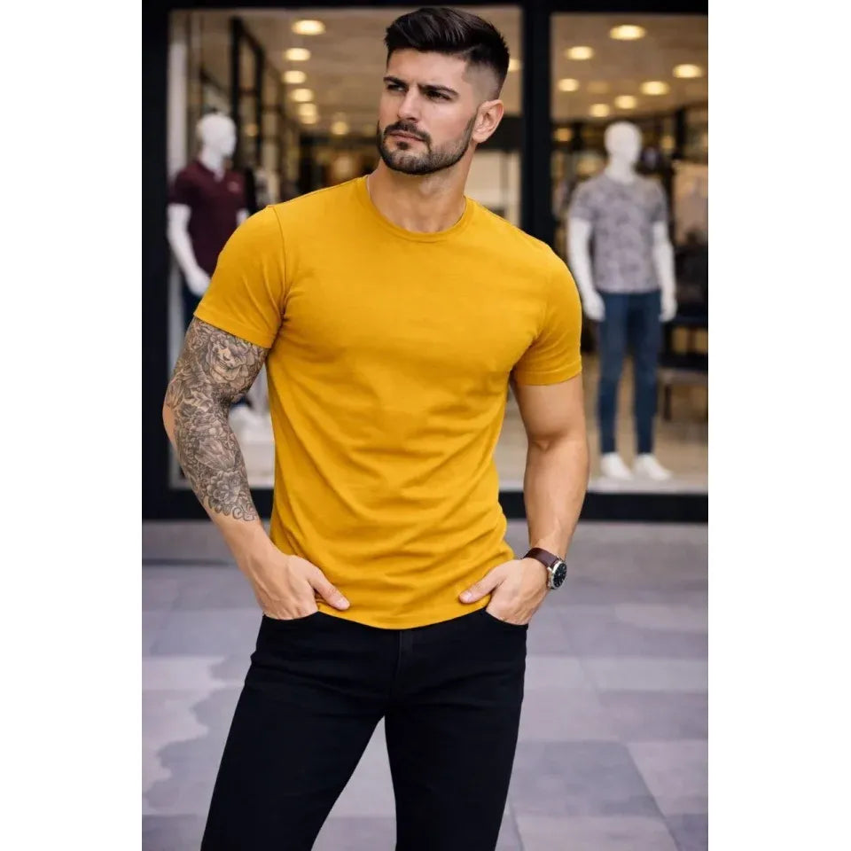 Erkek T-Shirt Bisiklet Yaka Slim Fit Dar Kesim Likralı Tişört Günlük Basic Body - Limon