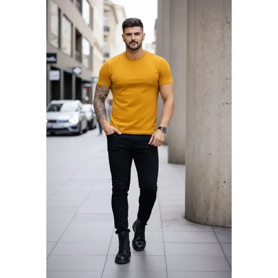 Erkek T-Shirt Bisiklet Yaka Slim Fit Dar Kesim Likralı Tişört Günlük Basic Body - Limon