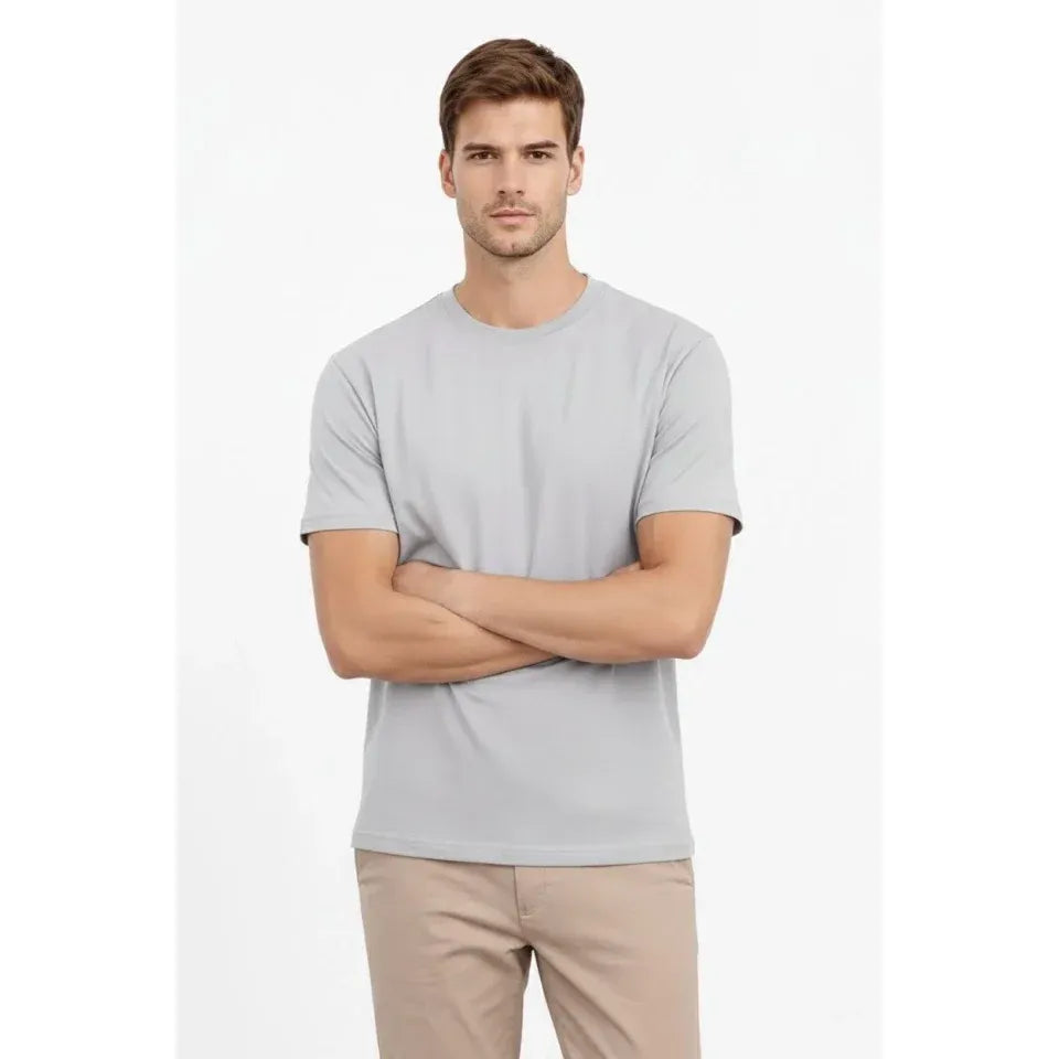 Erkek Bisiklet Yaka Tişört Regular Kalıp Basic Pamuklu Günlük Kullanım T-shirt - Gri