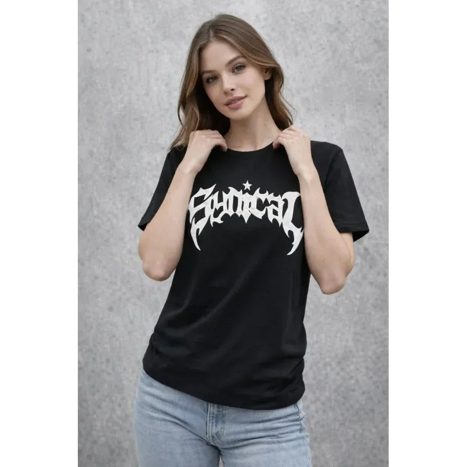 Bisiklet Yaka Ön Baskılı  Kısa Kollu Tişört Streetwear Günlük Basic Pamuklu T-shirt - Siyah