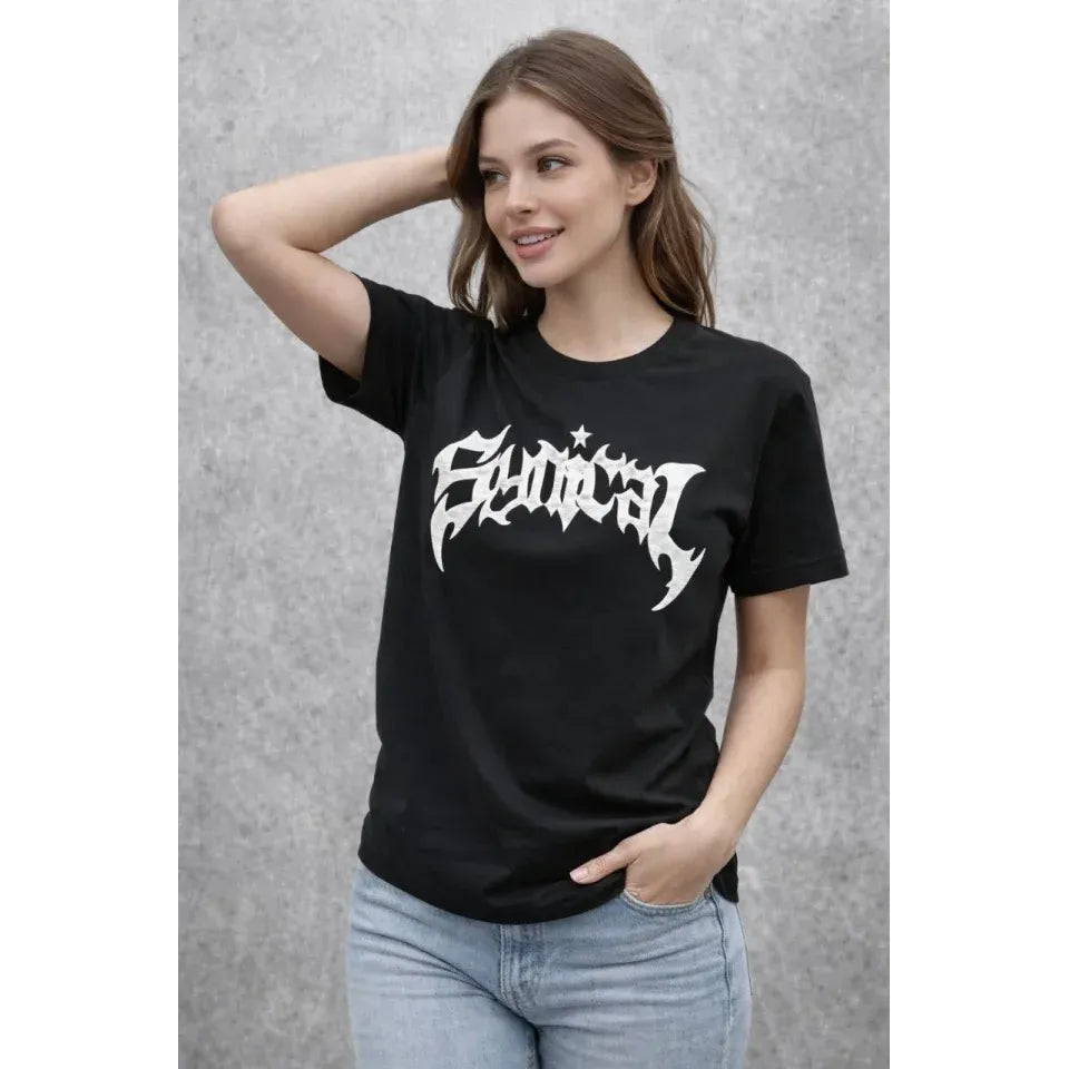 Bisiklet Yaka Ön Baskılı  Kısa Kollu Tişört Streetwear Günlük Basic Pamuklu T-shirt - Siyah