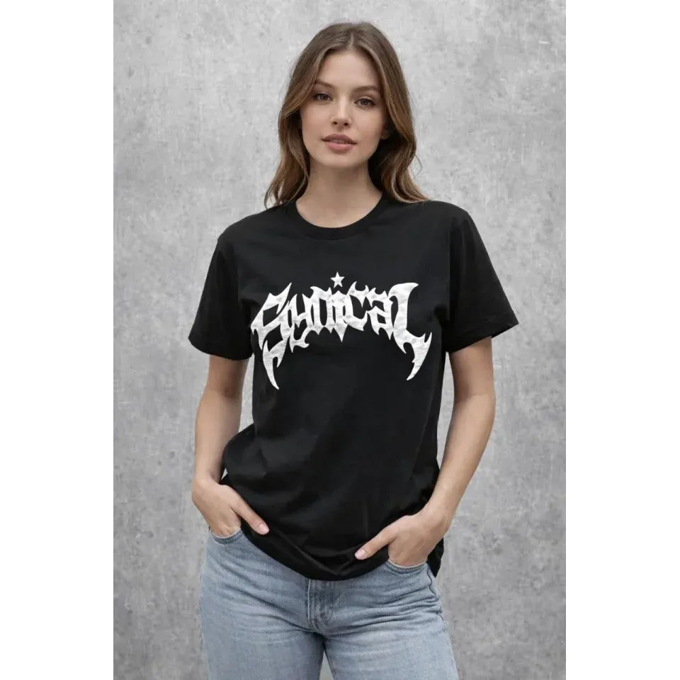 Bisiklet Yaka Ön Baskılı  Kısa Kollu Tişört Streetwear Günlük Basic Pamuklu T-shirt - Siyah