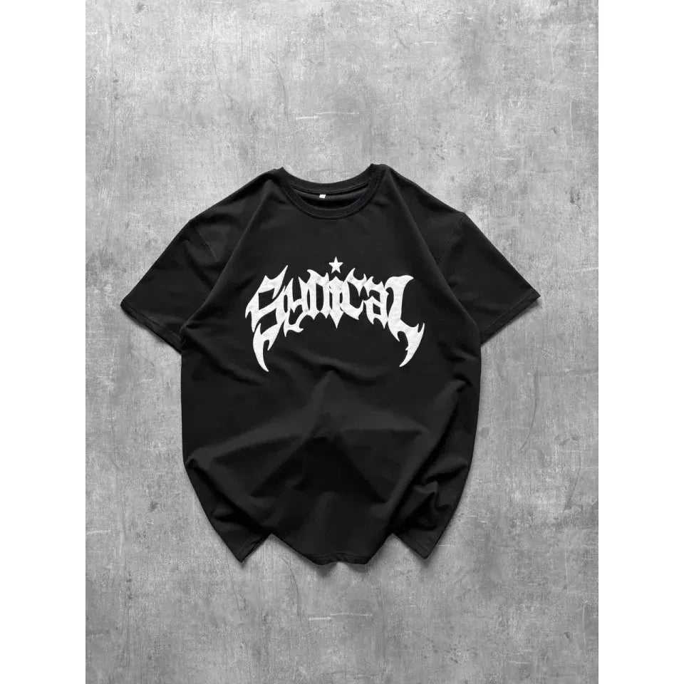 Bisiklet Yaka Ön Baskılı  Kısa Kollu Tişört Streetwear Günlük Basic Pamuklu T-shirt - Siyah