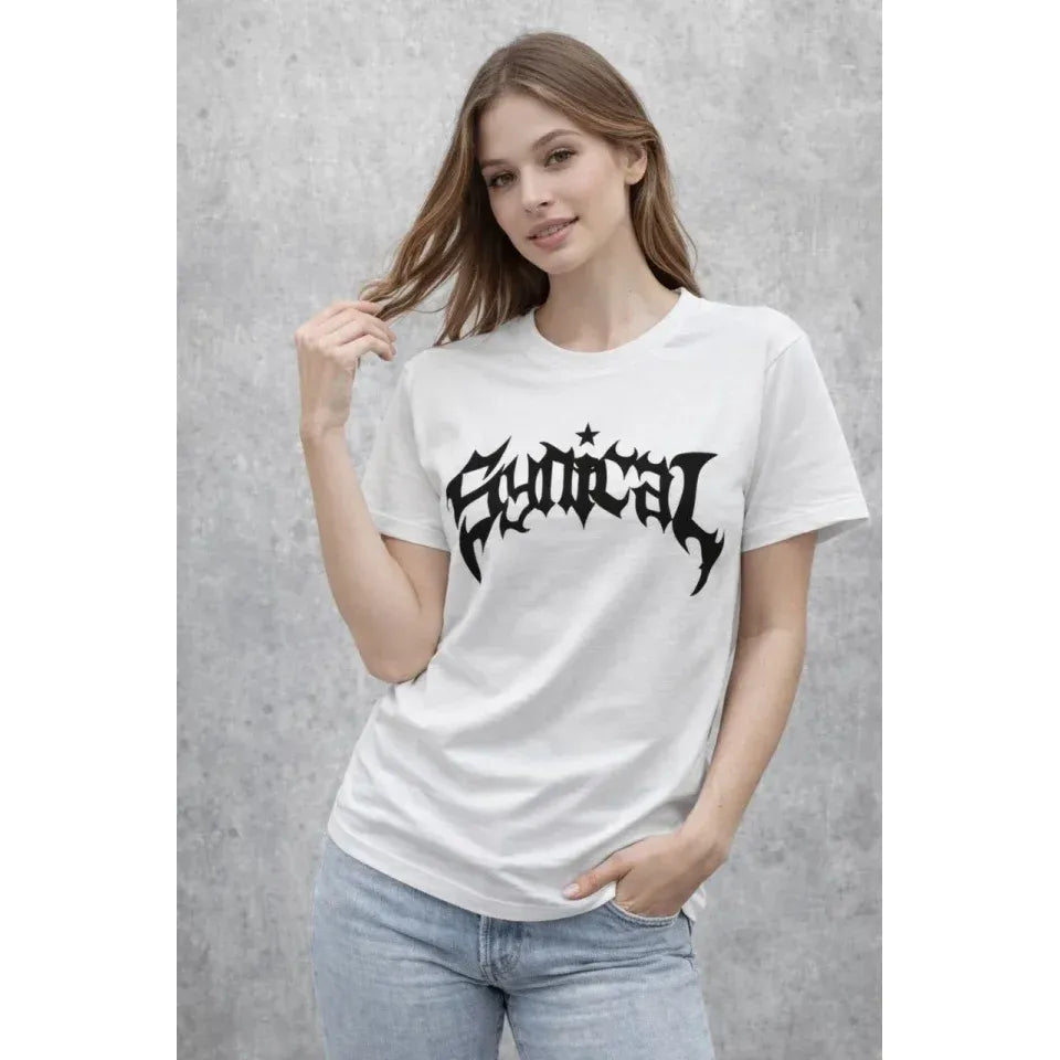Bisiklet Yaka Ön Baskılı Kısa Kollu Tişört Streetwear Günlük Basic Pamuklu T-shirt - Beyaz