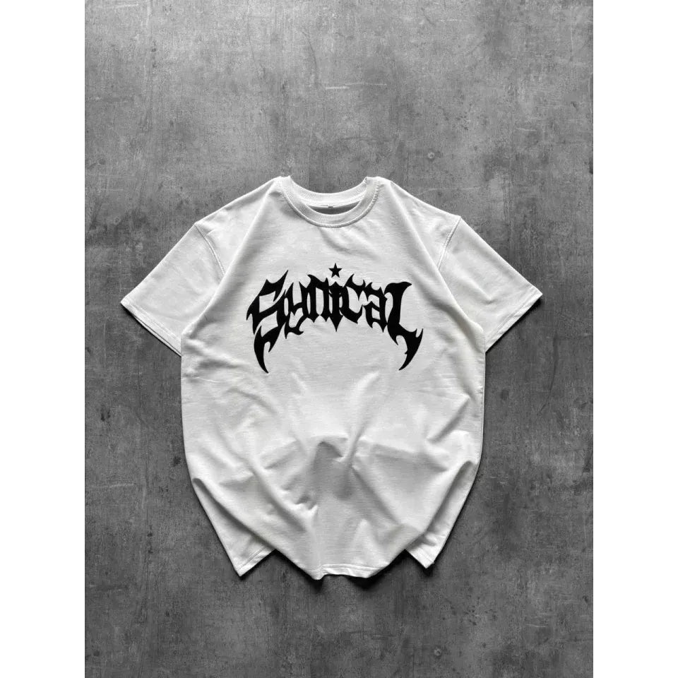 Bisiklet Yaka Ön Baskılı Kısa Kollu Tişört Streetwear Günlük Basic Pamuklu T-shirt - Beyaz