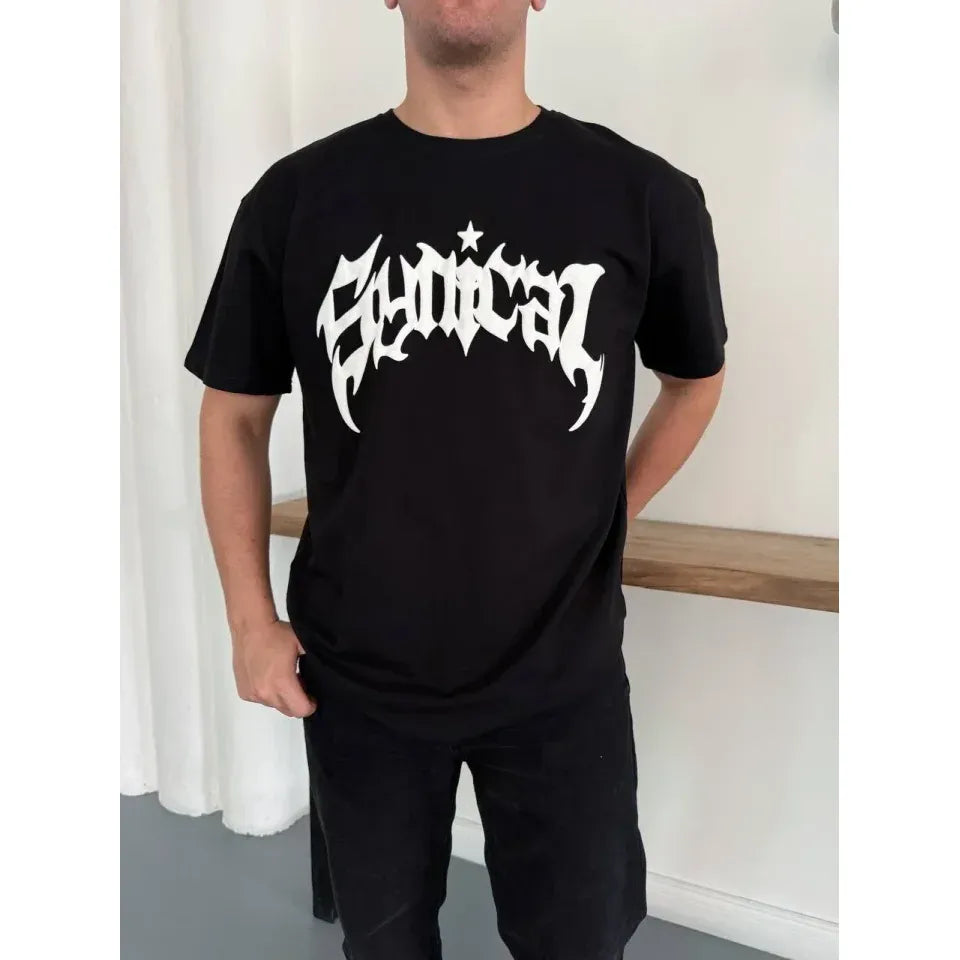 Erkek Bisiklet Yaka Ön Baskılı  Kısa Kollu Tişört Streetwear Günlük Basic Pamuklu T-shirt - Siyah