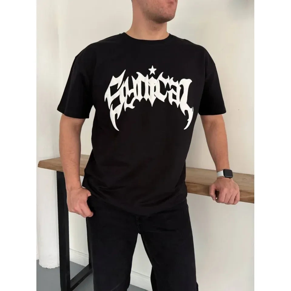 Erkek Bisiklet Yaka Ön Baskılı  Kısa Kollu Tişört Streetwear Günlük Basic Pamuklu T-shirt - Siyah