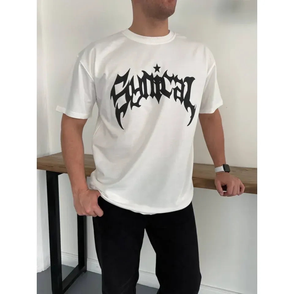 Erkek Bisiklet Yaka Ön Baskılı Kısa Kollu Tişört Streetwear Günlük Basic Pamuklu T-shirt - Beyaz