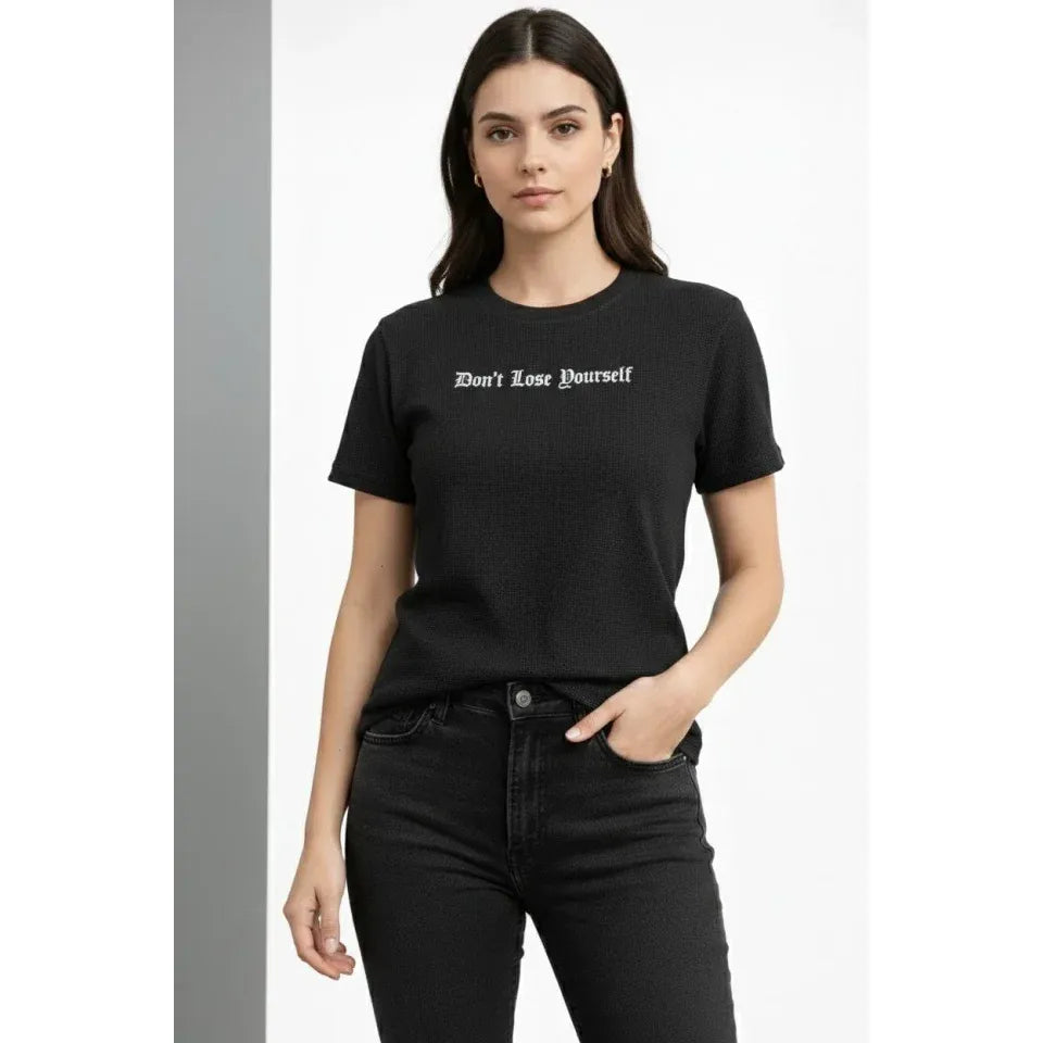 Wafıl Kumaş Tişört Regular Kalıp Bisiklet Yaka Baskılı Günlük Basic T-Shirt - Siyah