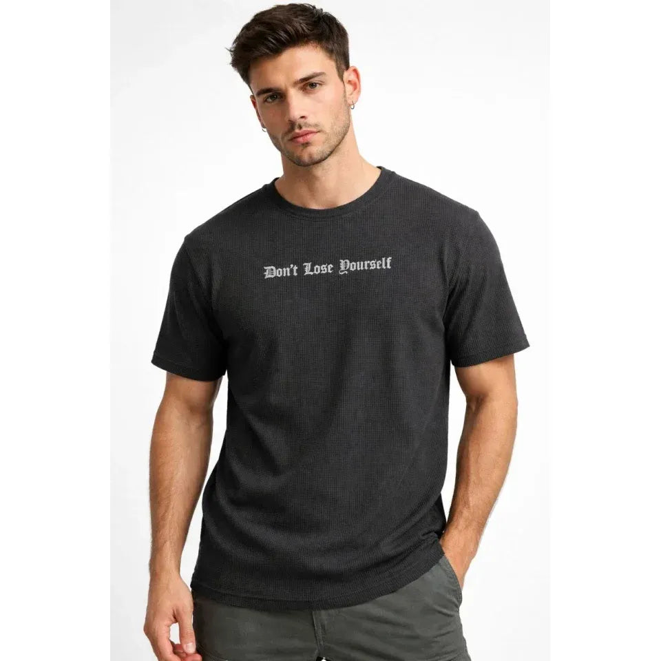 Erkek Wafıl Kumaş Tişört Regular Kalıp Bisiklet Yaka Baskılı Günlük Basic T-Shirt - Siyah