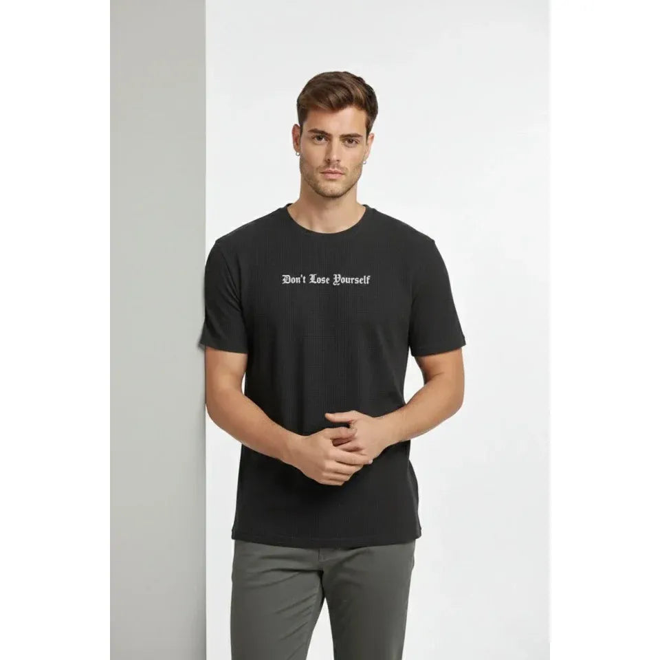 Erkek Wafıl Kumaş Tişört Regular Kalıp Bisiklet Yaka Baskılı Günlük Basic T-Shirt - Siyah