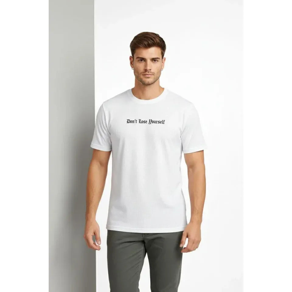 Erkek Wafıl Kumaş Tişört Regular Kalıp Bisiklet Yaka Baskılı Günlük Basic T-Shirt - Beyaz