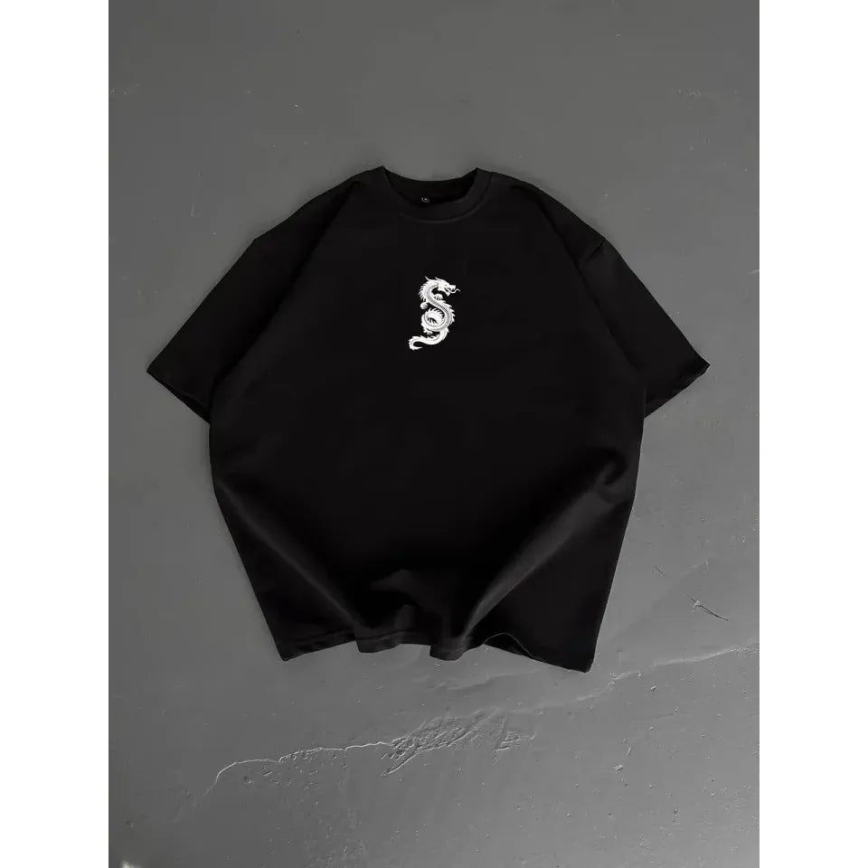 Baskılı Oversize Bisiklet Yaka T-shirt - Siyah