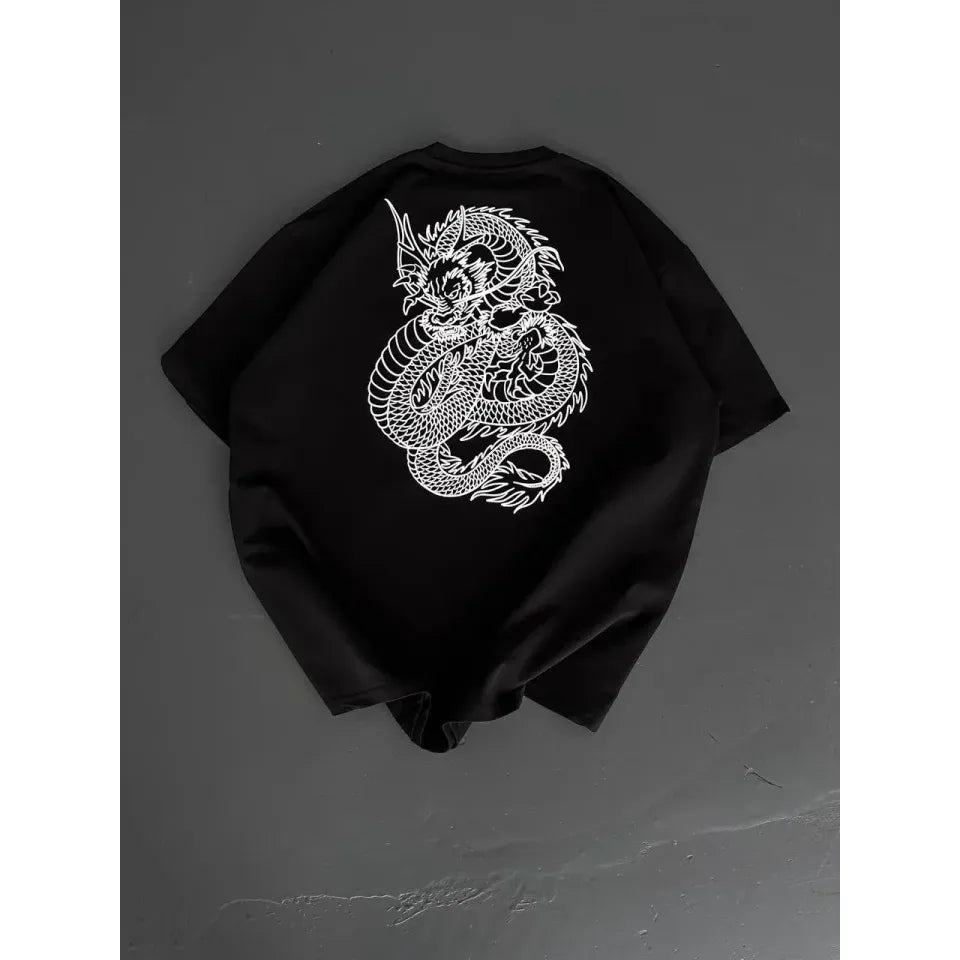 Baskılı Oversize Bisiklet Yaka T-shirt - Siyah