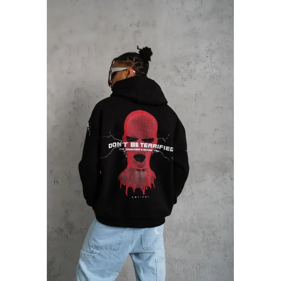 Erkek Oversize Üç İplik Kapüşonlu Sweatshirt – Siyah “Don’t Be Terrified” Ön, Sırt Ve Kol Baskılı, Kanguru Cepli, Ribanalı Rahat Model- Siyah