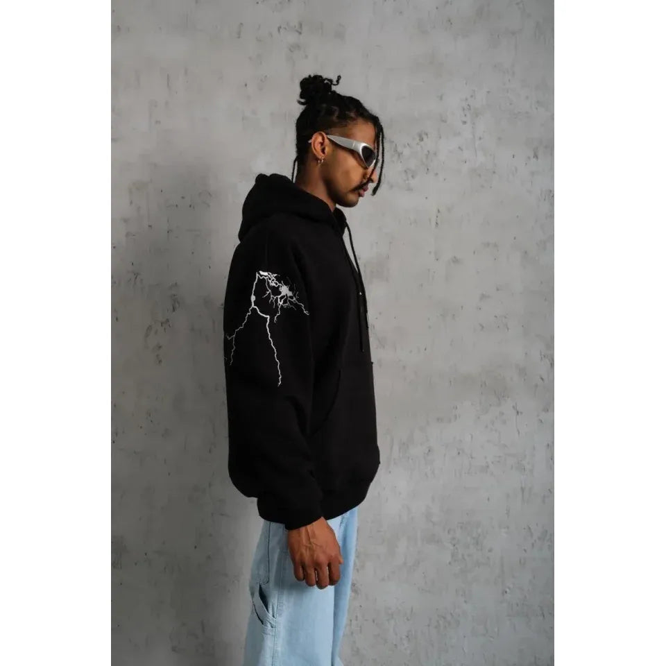Erkek Oversize Üç İplik Kapüşonlu Sweatshirt – Siyah “Don’t Be Terrified” Ön, Sırt Ve Kol Baskılı, Kanguru Cepli, Ribanalı Rahat Model- Siyah