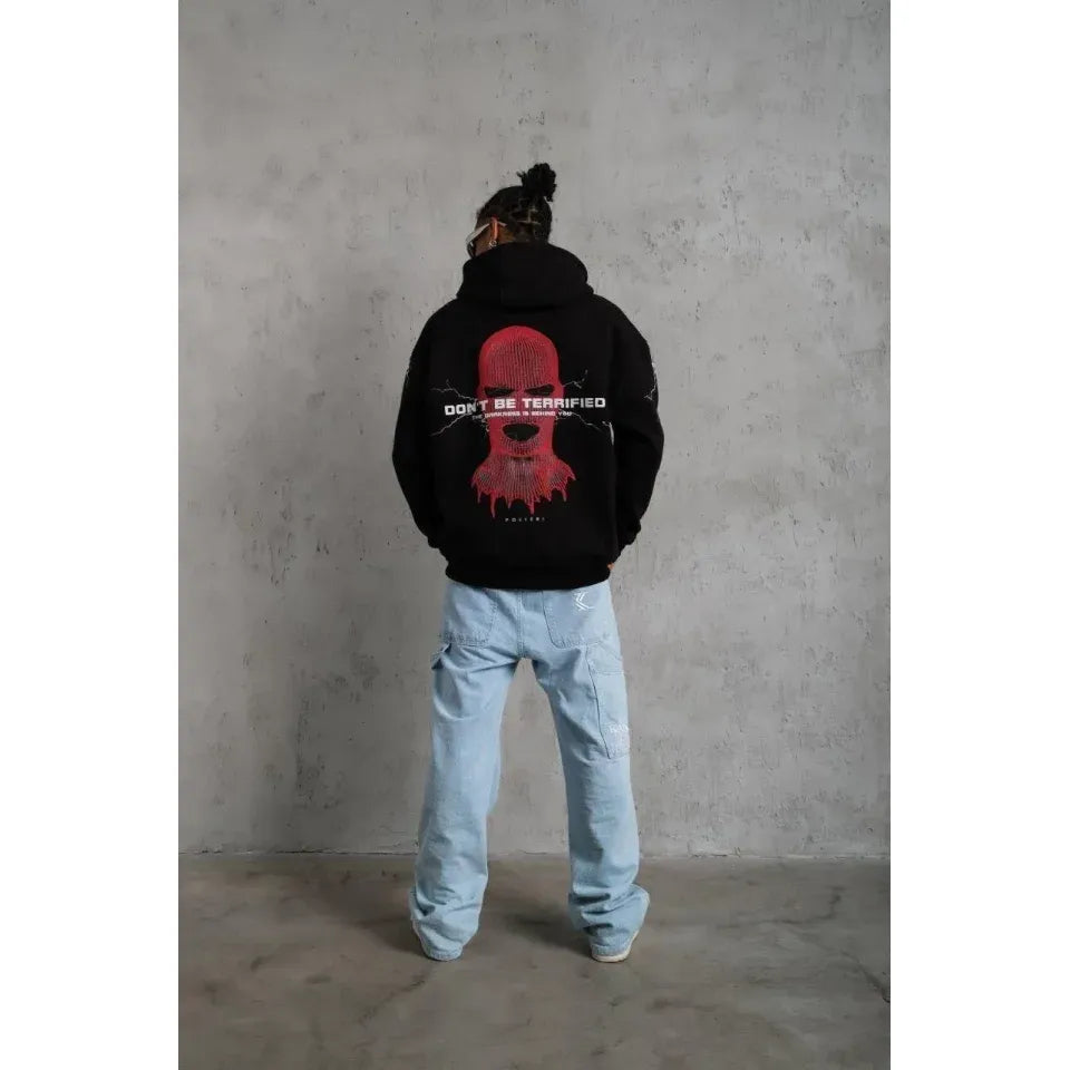 Erkek Oversize Üç İplik Kapüşonlu Sweatshirt – Siyah “Don’t Be Terrified” Ön, Sırt Ve Kol Baskılı, Kanguru Cepli, Ribanalı Rahat Model- Siyah