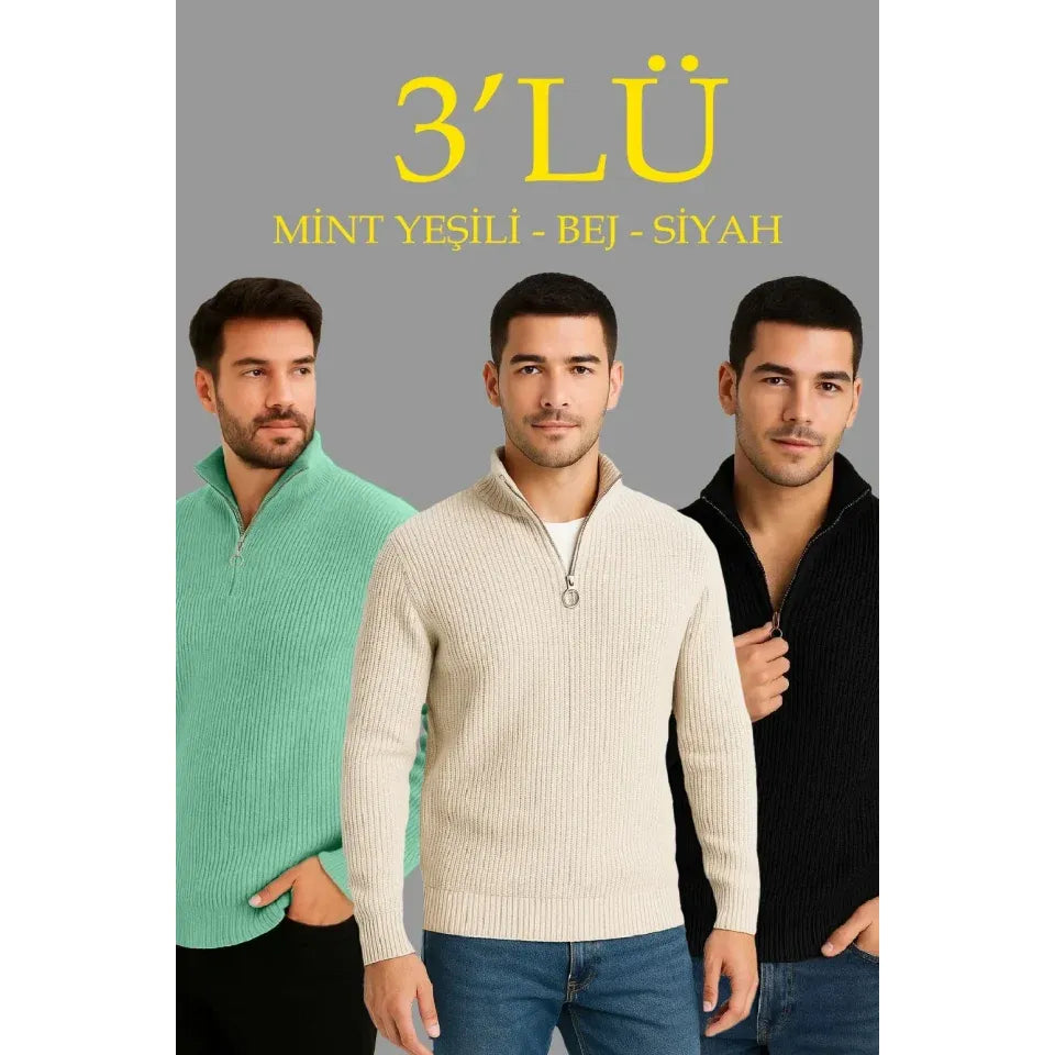 Erkek Fitilli Triko Kazak 3’lü Set – Mint Yeşili, Siyah, Bej Kalın Dokuma Pamuklu Regular Fit V Yaka Fermuarlı Uzun Kollu Rahat Kışlık Kazak Kombini
