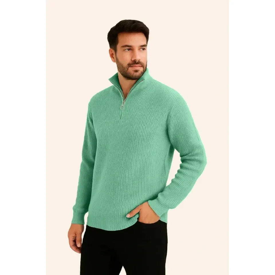 Erkek Fitilli Triko Kazak 3’lü Set – Mint Yeşili, Siyah, Bej Kalın Dokuma Pamuklu Regular Fit V Yaka Fermuarlı Uzun Kollu Rahat Kışlık Kazak Kombini