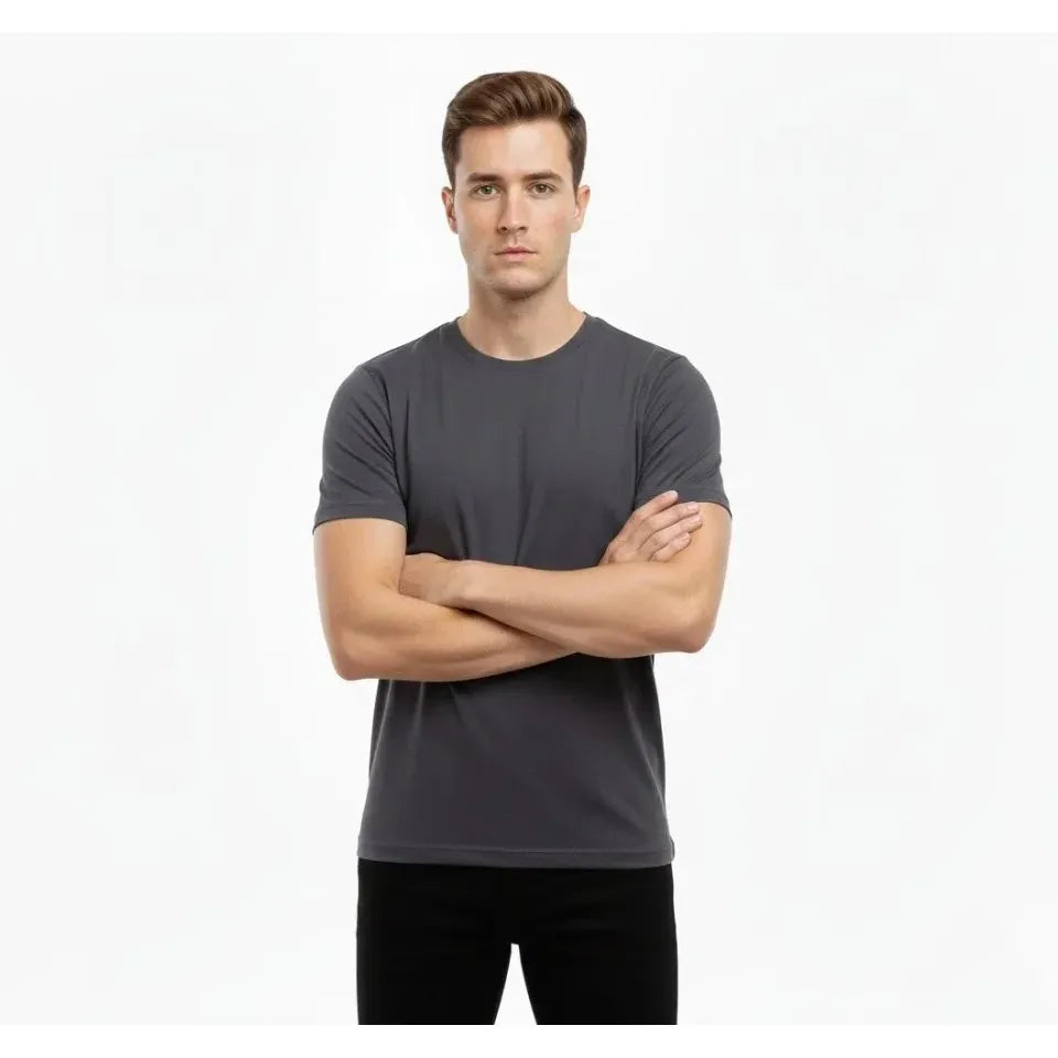 Erkek T-Shirt Bisiklet Yaka Slim Fit Dar Kesim Likralı Tişört Günlük Basic Body - Füme