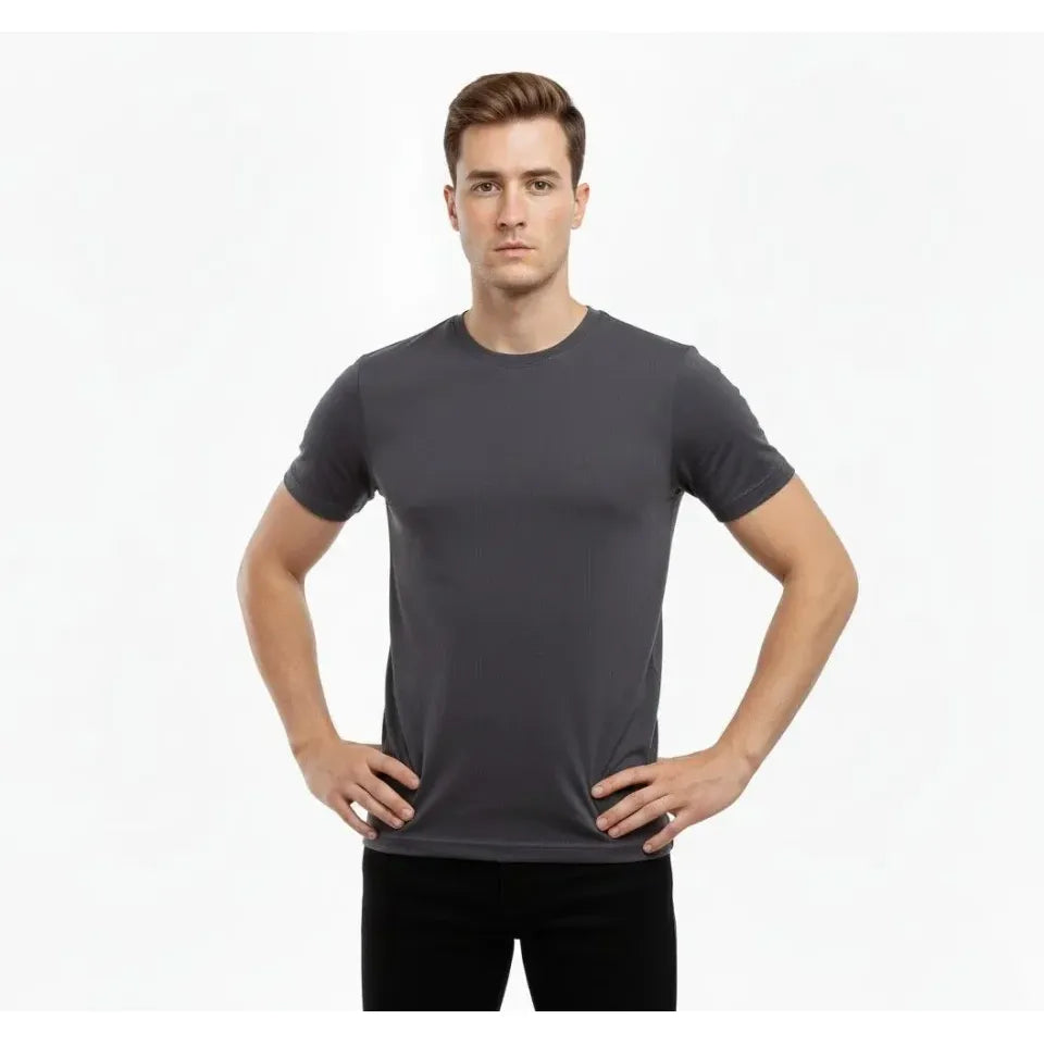 Erkek T-Shirt Bisiklet Yaka Slim Fit Dar Kesim Likralı Tişört Günlük Basic Body - Füme