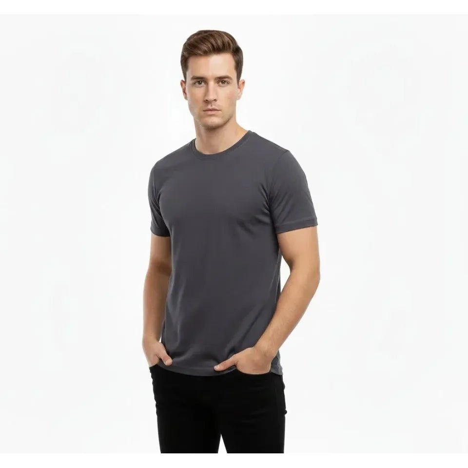 Erkek T-Shirt Bisiklet Yaka Slim Fit Dar Kesim Likralı Tişört Günlük Basic Body - Füme