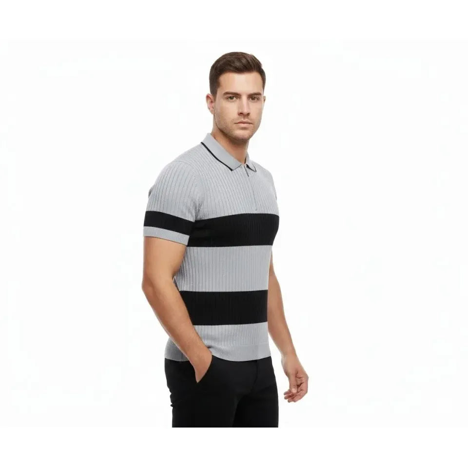 Erkek T-shirt Çizgili Triko Dokuma Kumaş Polo Yaka Yarım Fermuarlı Regular Kalıp Tişört - Gri