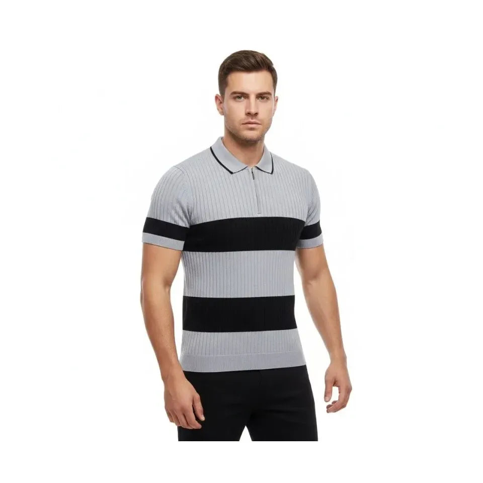 Erkek T-shirt Çizgili Triko Dokuma Kumaş Polo Yaka Yarım Fermuarlı Regular Kalıp Tişört - Gri