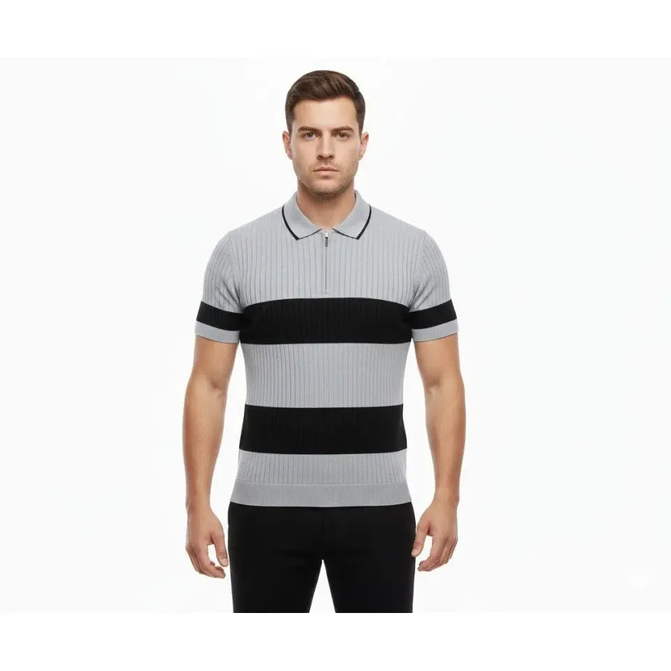 Erkek T-shirt Çizgili Triko Dokuma Kumaş Polo Yaka Yarım Fermuarlı Regular Kalıp Tişört - Gri