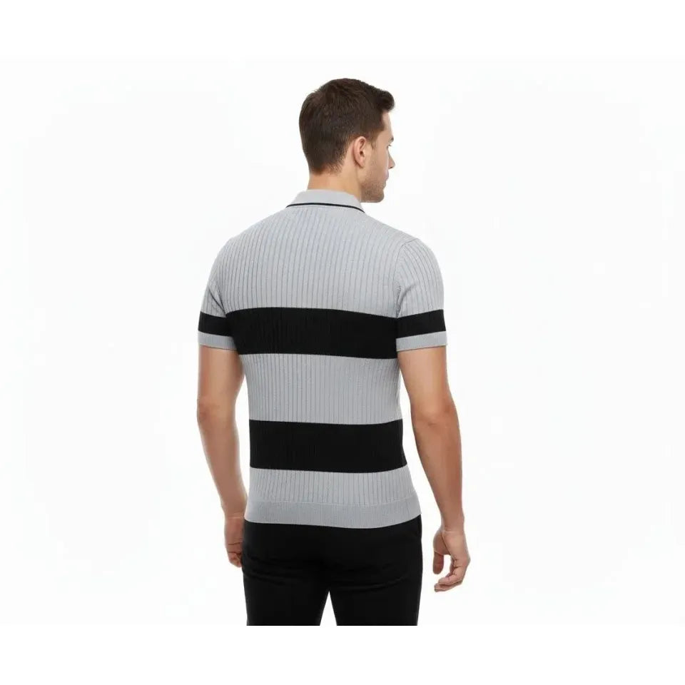 Erkek T-shirt Çizgili Triko Dokuma Kumaş Polo Yaka Yarım Fermuarlı Regular Kalıp Tişört - Gri