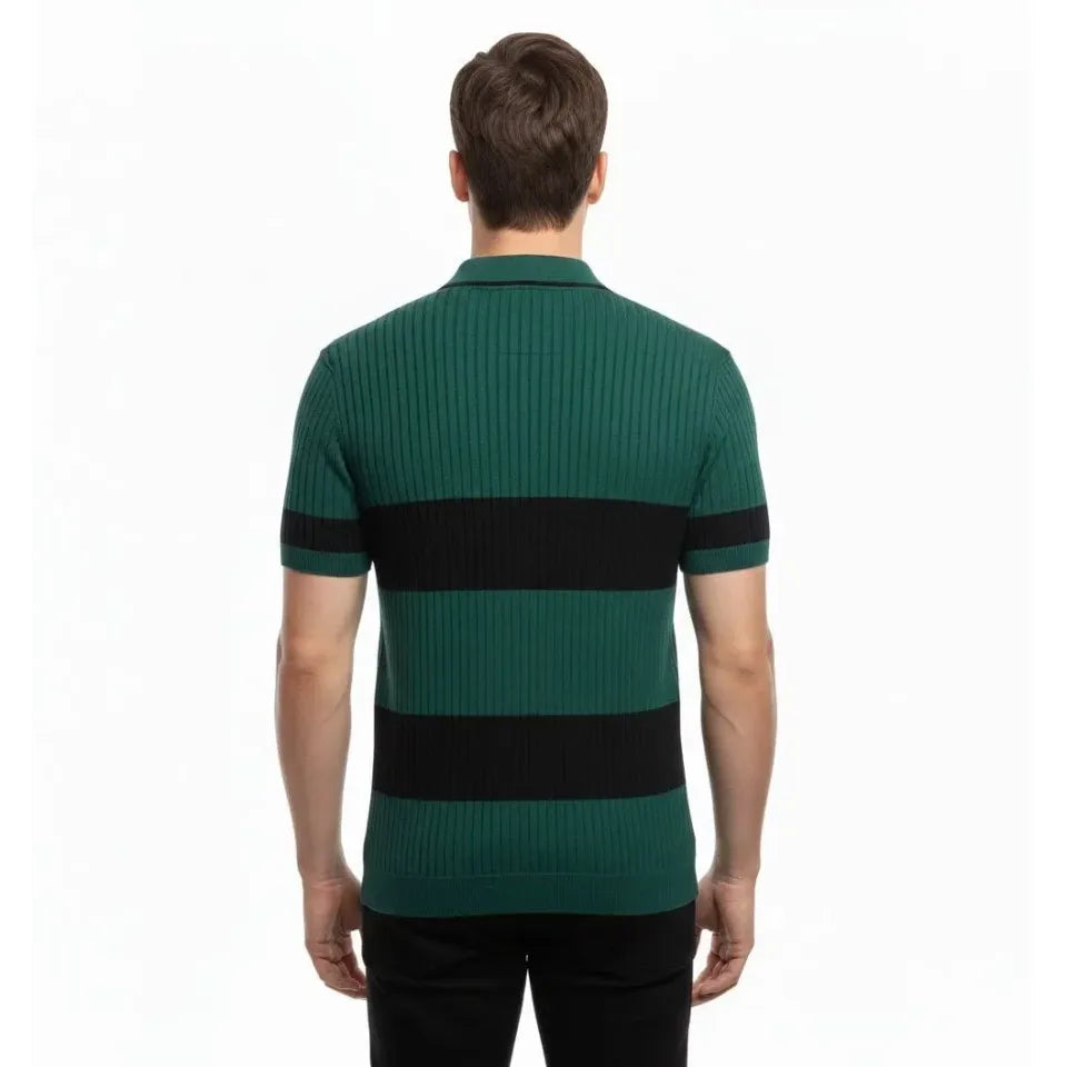 Erkek T-shirt Çizgili Triko Dokuma Kumaş Polo Yaka Yarım Fermuarlı Regular Kalıp Tişört - Çağla Yeşili