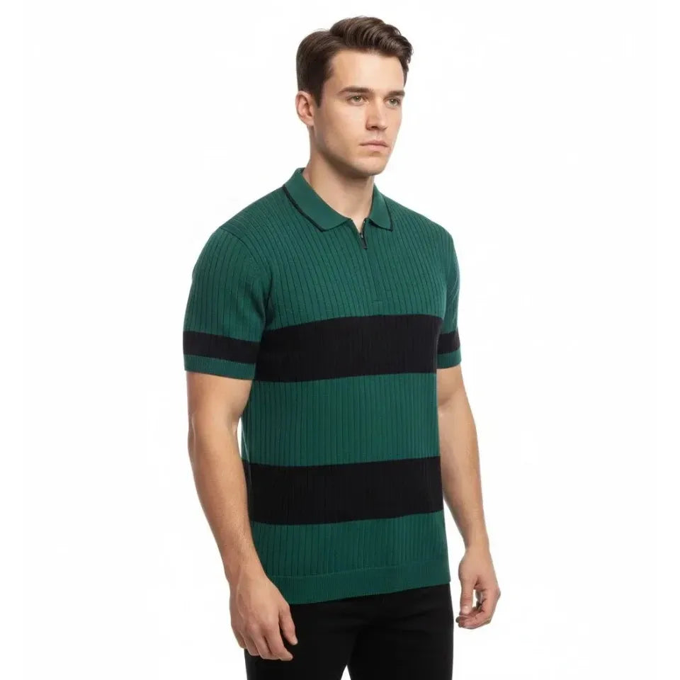 Erkek T-shirt Çizgili Triko Dokuma Kumaş Polo Yaka Yarım Fermuarlı Regular Kalıp Tişört - Çağla Yeşili