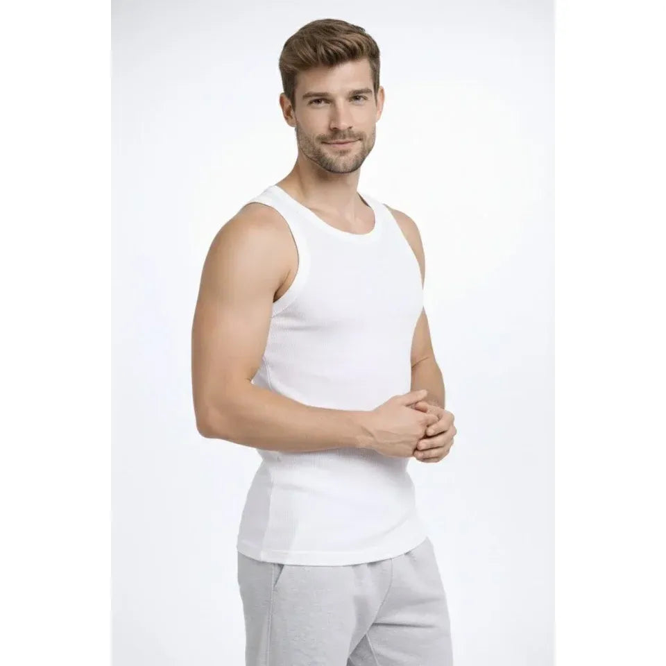 Erkek Spor Fitilli Atlet 2li Set Siyah Ve Beyaz Slim Fit Kaşkorse Arka Baskılı Spor Atlet