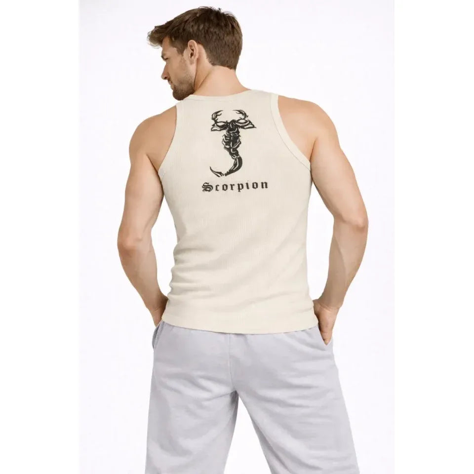 Erkek Spor Fitilli Atlet 2li Set Siyah Ve Bej Slim Fit Kaşkorse Arka Baskılı Spor Atlet