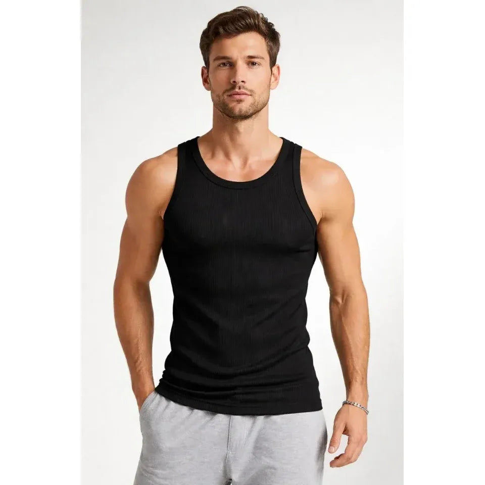 Erkek Spor Fitilli Atlet 2li Set Siyah Ve Bej Slim Fit Kaşkorse Arka Baskılı Spor Atlet