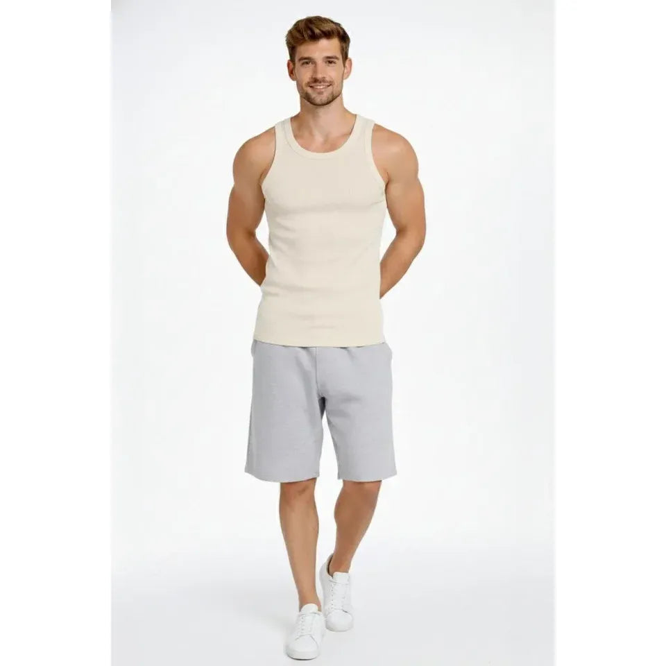 Erkek Spor Fitilli Atlet 2li Set Siyah Ve Bej Slim Fit Kaşkorse Arka Baskılı Spor Atlet