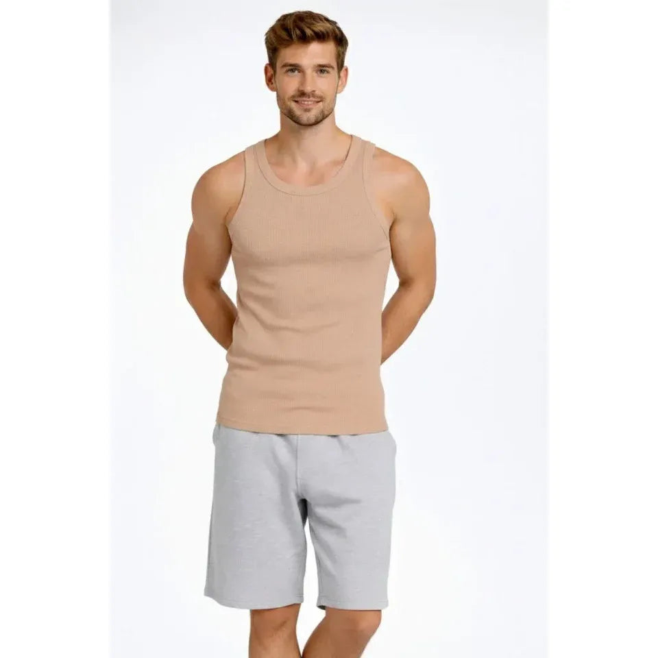 Erkek Spor Fitilli Atlet 2li Set Kahverengi Ve Beyaz Slim Fit Kaşkorse Arka Baskılı Spor Atlet